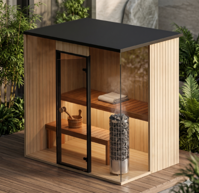 The LOORE 3 sauna CLICK-package is the smallest model in our range, offering maximum spaciousness in a minimal footprint thanks to its smart layout. Delivered compactly as a ready-to-assemble kit, this sauna occupies just about 3 m² of your garden. Thanks to the large glass wall and well-planned bench placement, the 2.7 m² steam room feels remarkably spacious. Designed exclusively for use with an electric heater, the sauna features a convenient CLICK-system that makes on-site assembly fast, intuitive, and easy to manage.